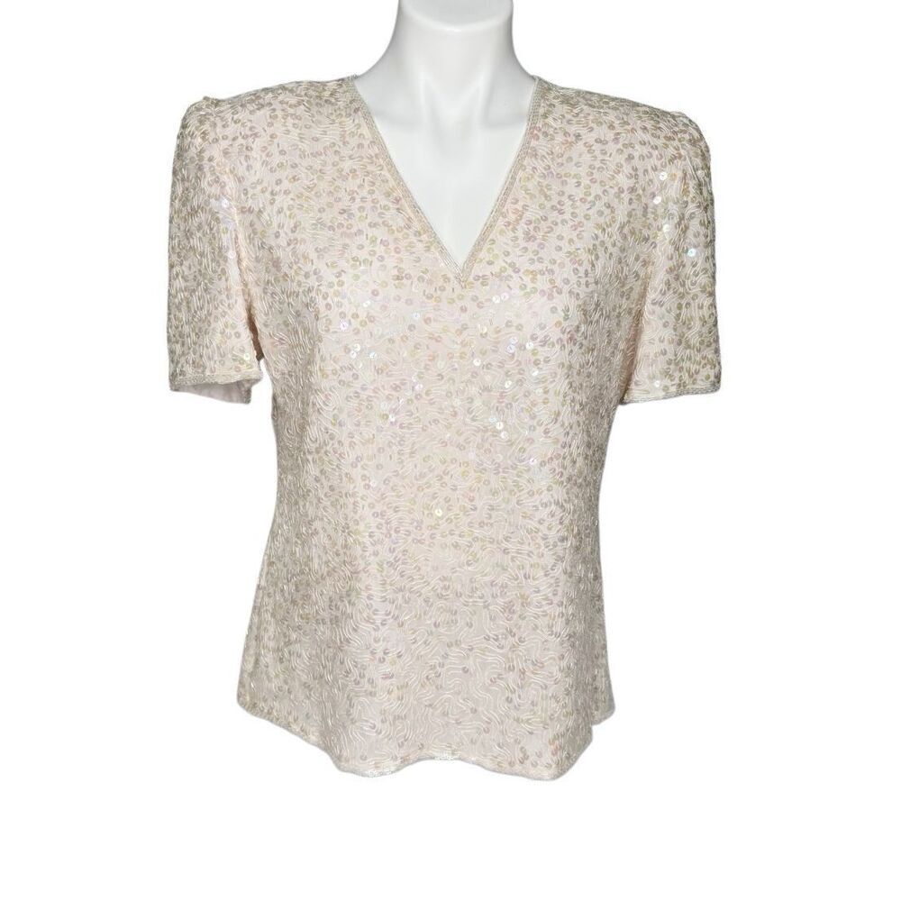 Laurence Kazar pink blush vintage short sleeve V neck sequin top size M